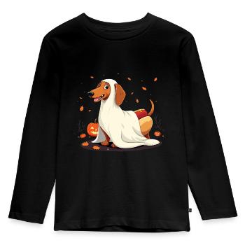Hotdog Geisterdackel – Heulen-Buu! - Kinder Premium Bio Langarmshirt - Schwarz - Vorne - AI Model Kid Male (0cm)