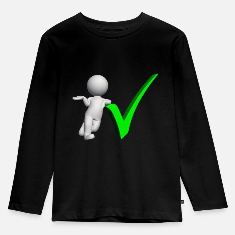 3D Figur mit grünem Häkchen - Kinder Premium Bio Langarmshirt - Schwarz
