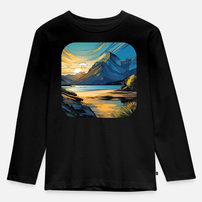 Berge im Sonnenuntergang III - Kinder Premium Bio Langarmshirt - Schwarz