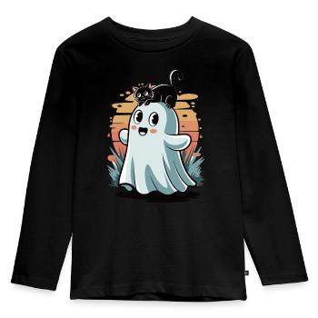 Gespenst trifft Katze - Kinder Premium Bio Langarmshirt - Schwarz - Vorne - AI Model Kid Male (0cm)