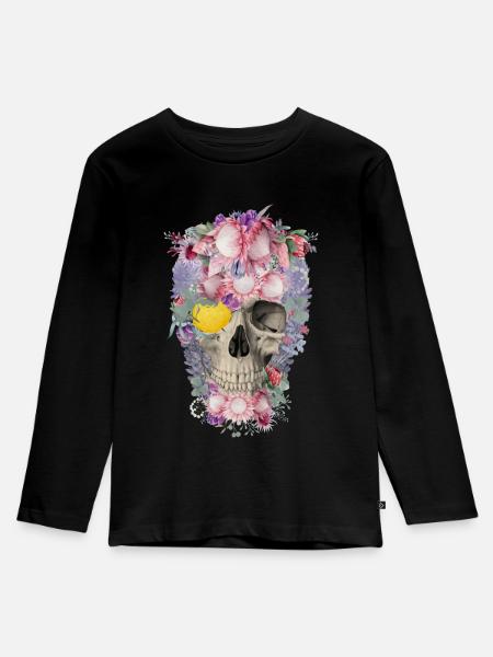 Totenkopf mit Blumen - Kinder Premium Bio Langarmshirt - Schwarz
