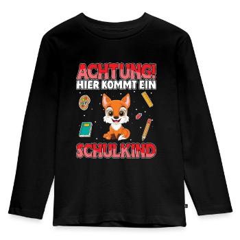 Achtung hier kommt ein Schulkind Fuchs - Kinder Premium Bio Langarmshirt - Schwarz - Vorne - AI Model Kid Male (0cm)