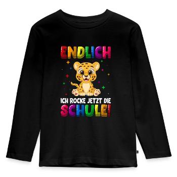 Endlich ich rocke jetzt die Schule Leopard - Kinder Premium Bio Langarmshirt - Schwarz - Vorne - AI Model Kid Male (0cm)