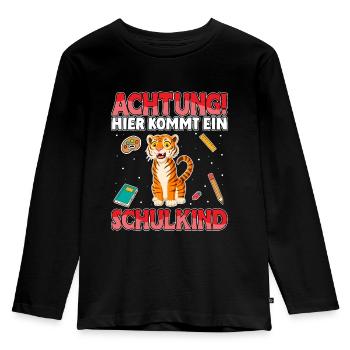 Achtung hier kommt ein Schulkind Tiger Schule - Kinder Premium Bio Langarmshirt - Schwarz - Vorne - AI Model Kid Male (0cm)
