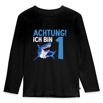 Achtung ich bin 1. Kindergeburtstag Hai - Kinder Premium Bio Langarmshirt - Schwarz - Vorne - AI Model Kid Male (0cm)