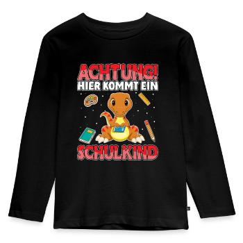 Achtung hier kommt ein Schulkind Dino - Kinder Premium Bio Langarmshirt - Schwarz - Vorne - AI Model Kid Male (0cm)