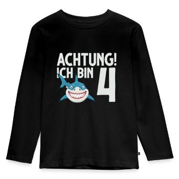 Achtung ich bin 4. Kindergeburtstag Hai - Kinder Premium Bio Langarmshirt - Schwarz - Vorne - AI Model Kid Male (0cm)