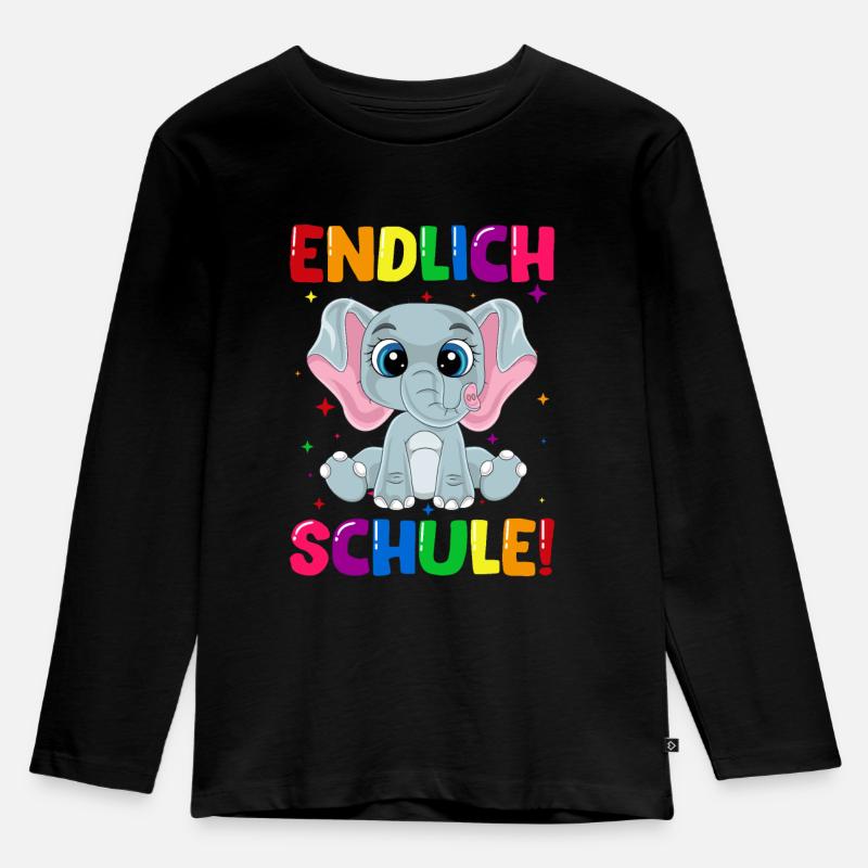 Endlich Schule Elefant Einschulung Schulkind - Kinder Premium Bio Langarmshirt - Schwarz