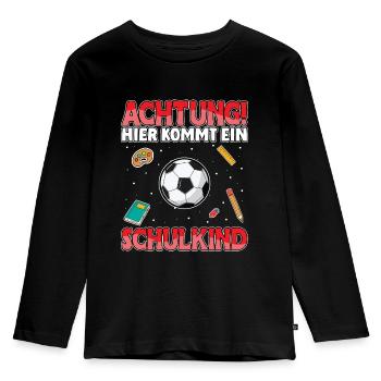 Achtung hier kommt ein Schulkind Fußball - Kinder Premium Bio Langarmshirt - Schwarz - Vorne - AI Model Kid Male (0cm)