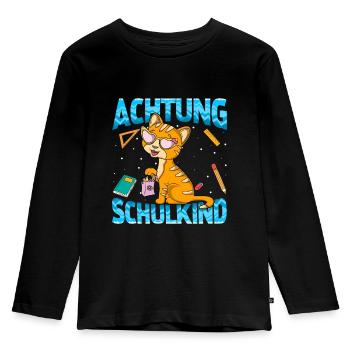 Einschulung Achtung Schulkind Geschenk Kätzchen - Kinder Premium Bio Langarmshirt - Schwarz - Vorne - AI Model Kid Male (0cm)