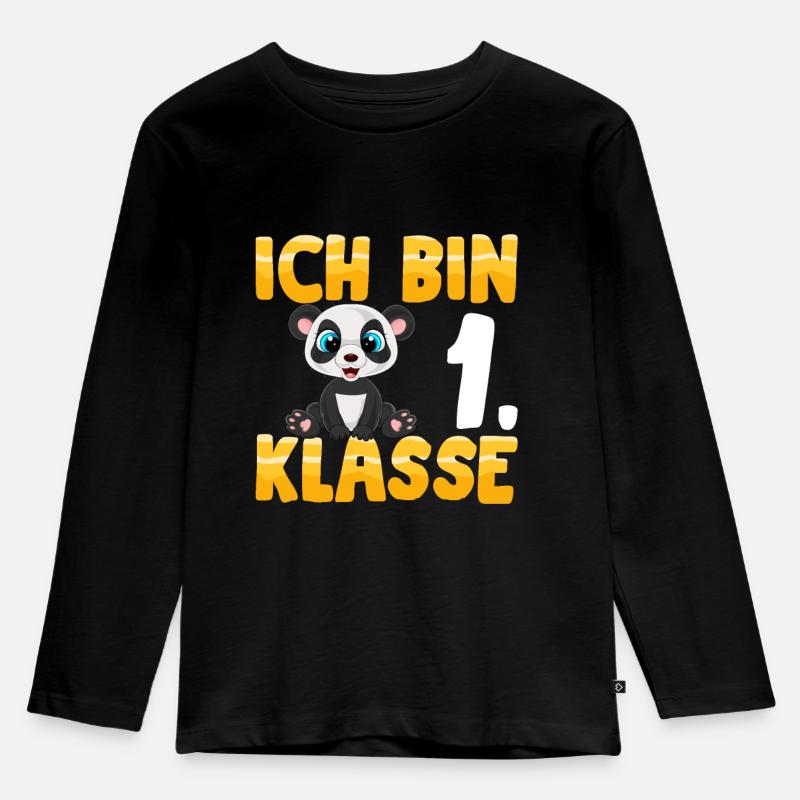 Ich bin 1. Klasse Einschulung Panda - Kinder Premium Bio Langarmshirt - Schwarz