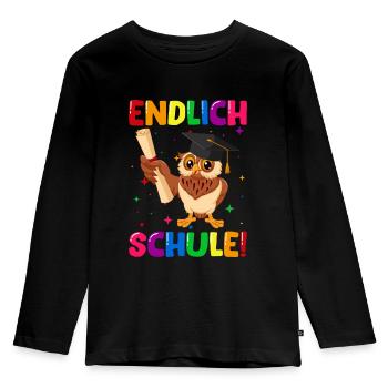 Endlich Schule Eule Einschulung Schulkind - Kinder Premium Bio Langarmshirt - Schwarz - Vorne - AI Model Kid Male (0cm)
