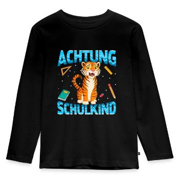Einschulung Achtung Schulkind Geschenk Tiger - Kinder Premium Bio Langarmshirt - Schwarz - Vorne - AI Model Kid Male (0cm)