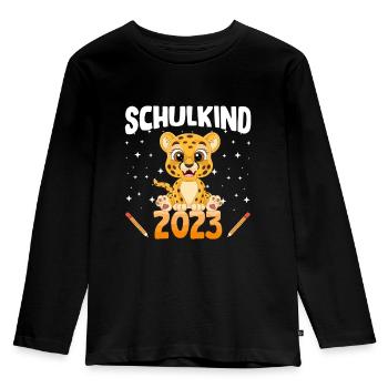 Leopard Schulkind 2023 - Kinder Premium Bio Langarmshirt - Schwarz - Vorne - AI Model Kid Male (0cm)