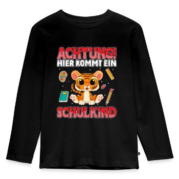 Achtung hier kommt ein Schulkind Tiger Schule - Kinder Premium Bio Langarmshirt - Schwarz - Vorne - AI Model Kid Male (0cm)