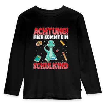 Achtung hier kommt ein Schulkind Dino - Kinder Premium Bio Langarmshirt - Schwarz - Vorne - AI Model Kid Male (0cm)