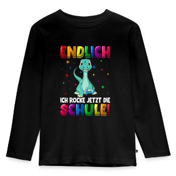 Endlich ich rocke jetzt die Schule Dino - Kinder Premium Bio Langarmshirt - Schwarz - Vorne - AI Model Kid Male (0cm)