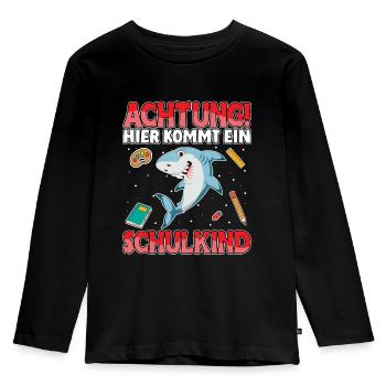 Achtung hier kommt ein Schulkind Hai Schule - Kinder Premium Bio Langarmshirt - Schwarz - Vorne - AI Model Kid Male (0cm)