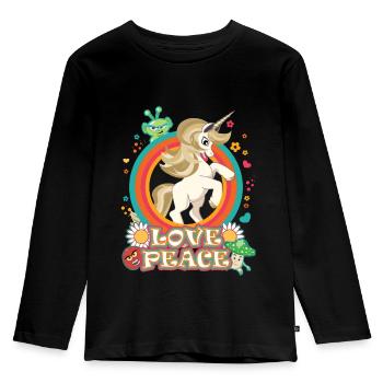 Licorne Amour et Paix - Flowerpower Hippie Design - T-shirt manches longues Premium Enfant - noir - Devant - AI Model Kid Male (0cm)