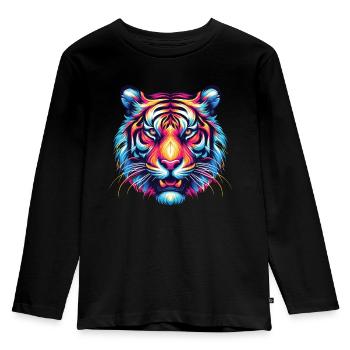 Tiger Gesicht, Bunte Tierkunst, Tiger - Kinder Premium Bio Langarmshirt - Schwarz - Vorne - AI Model Kid Male (0cm)