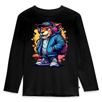 Edgy Cat in Headphones and Stylish Jacket Art - Kids' Premium Longsleeve Shirt - black - Front - AI Model Kid Male (0cm)