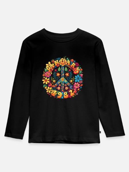 Flower Power Hippie Geburstag - Januar 1982 - Kinder Premium Bio Langarmshirt - Schwarz