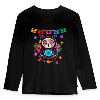 Day of the dead colored owl Mexican - Kids' Premium Longsleeve Shirt - black - Front - AI Model Kid Male (0cm)
