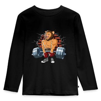 Fitnesstraining Pumpen Löwe bei Kreuzheben Fitness - Kinder Premium Bio Langarmshirt - Schwarz - Vorne - AI Model Kid Male (0cm)
