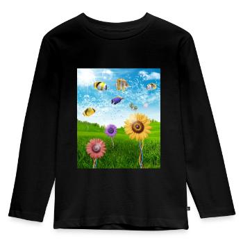 Frutiger Aero Esthétique Tech Paysage Poissons Soleil - T-shirt manches longues Premium Enfant - noir - Devant - AI Model Kid Male (0cm)