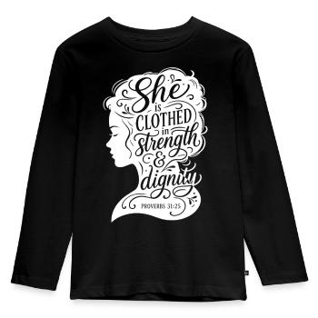 She is clothed in strength & dignity - Kinder Premium Bio Langarmshirt - Schwarz - Vorne - AI Model Kid Male (0cm)