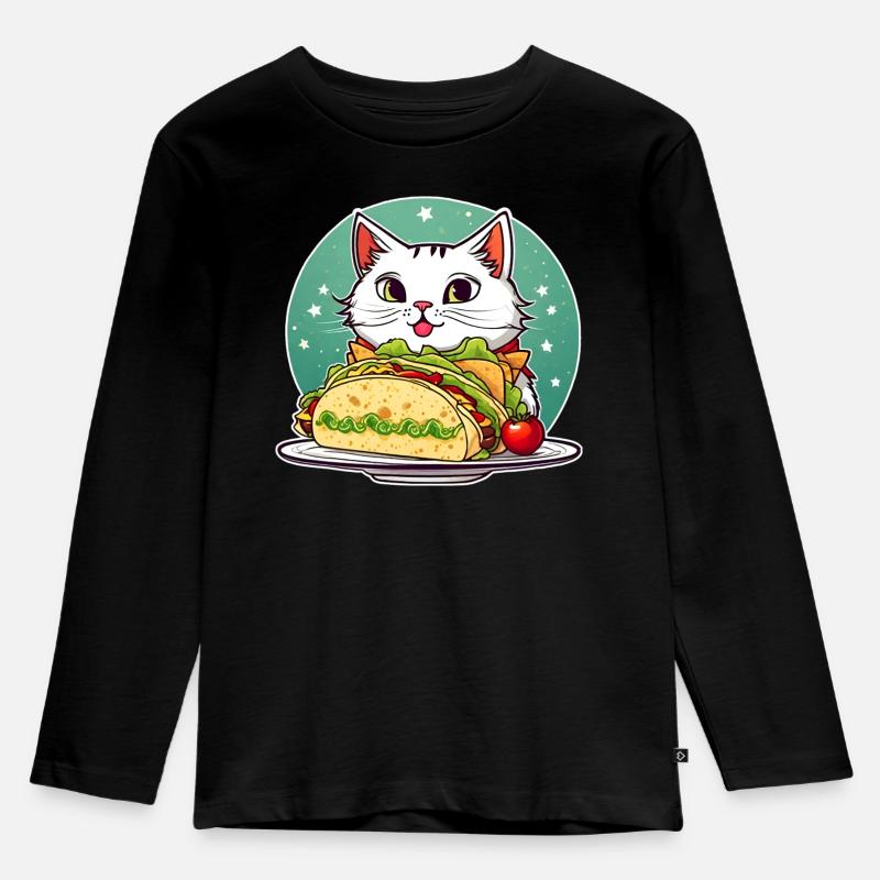 Niedliche Katze mit Taco - Kinder Premium Bio Langarmshirt - Schwarz