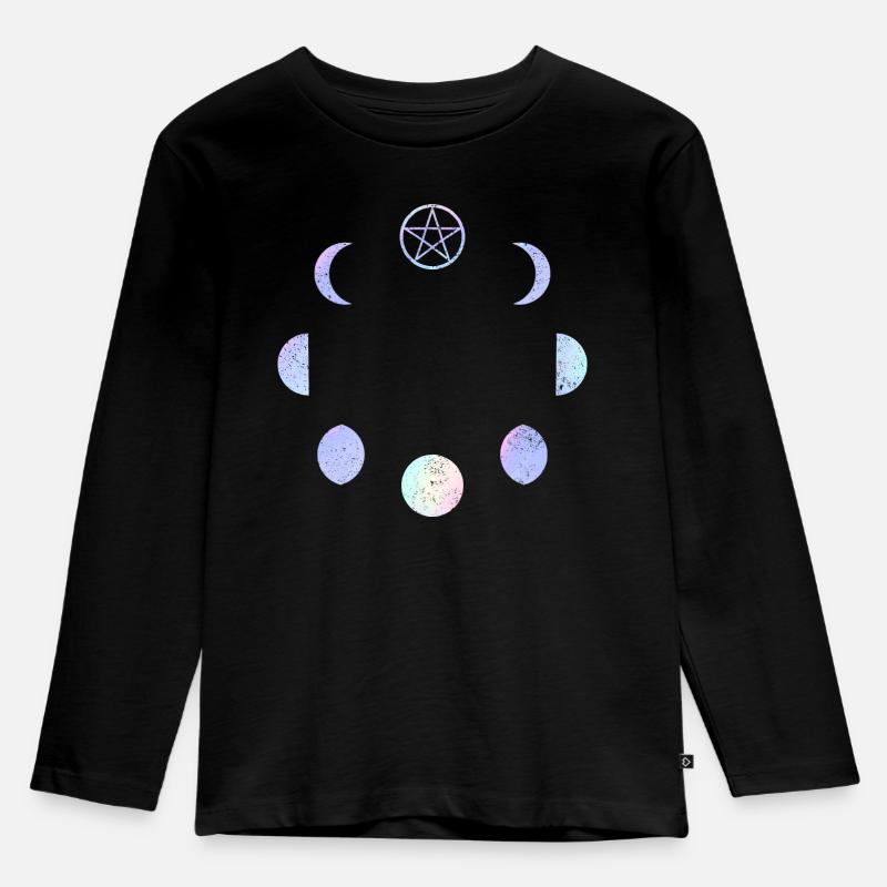 Mondphasen Pastell Regenbogen Gothic Pentagramm - Kinder Premium Bio Langarmshirt - Schwarz