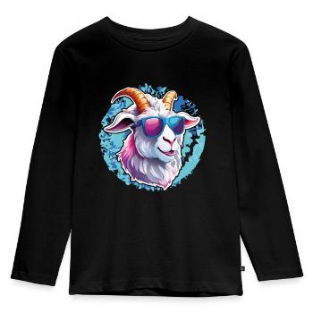 Cooler Ziegenbock mit Sonnenbrille auf Farbklecks - Kinder Premium Bio Langarmshirt - Schwarz - Vorne - AI Model Kid Male (0cm)