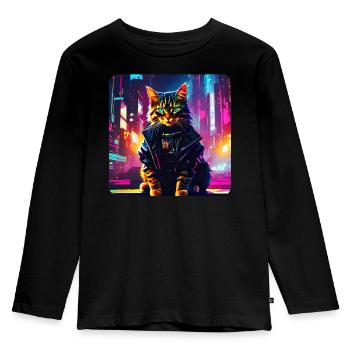 Chat Cyberpunk Cool - T-shirt manches longues Premium Enfant - noir - Devant - AI Model Kid Male (0cm)