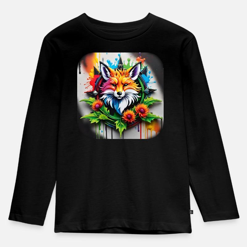 Logo mit Fuchs und Blumen im Grafitti Style - Kinder Premium Bio Langarmshirt - Schwarz