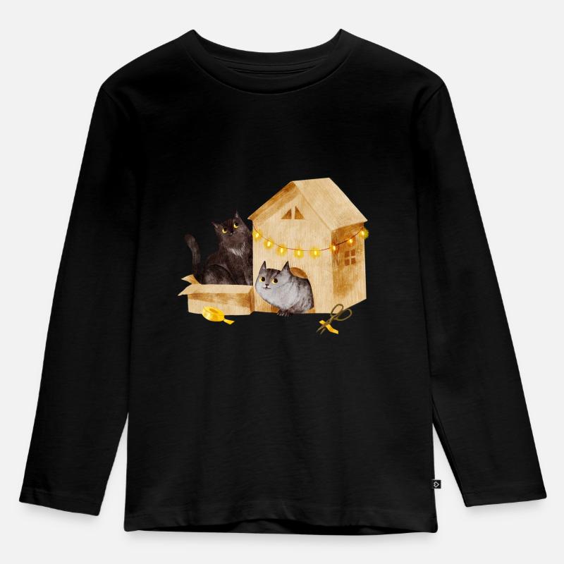 Katzen im Kartonhaus - Kinder Premium Bio Langarmshirt - Schwarz