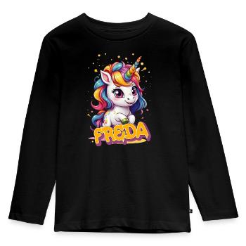 FREDA - Beau prénom de fille avec une jolie licorne - T-shirt manches longues Premium Enfant - noir - Devant - AI Model Kid Male (0cm)