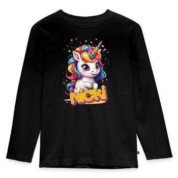 NICKI - Schöner Mädchen Name mit süßem Einhorn - Kinder Premium Bio Langarmshirt - Schwarz - Vorne - AI Model Kid Male (0cm)