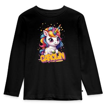 CAROLIN - Beau prénom de fille avec une jolie licorne - T-shirt manches longues Premium Enfant - noir - Devant - AI Model Kid Male (0cm)