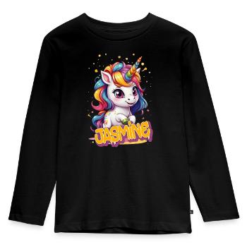 JASMINE - Schöner Mädchen Name mit süßem Einhorn - Kinder Premium Bio Langarmshirt - Schwarz - Vorne - AI Model Kid Male (0cm)