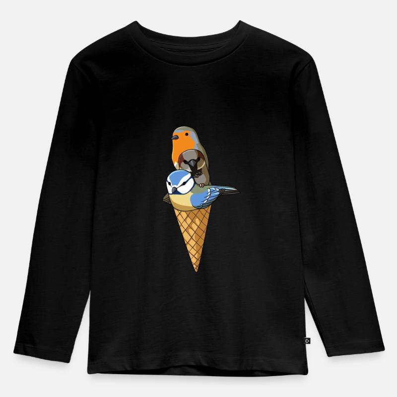 Vögel Eis in der Waffel Rotkehlchen, Spatz und - Kinder Premium Bio Langarmshirt - Schwarz