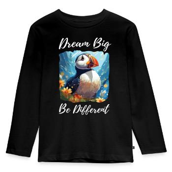 Papageientaucher Dream Big Be Different - Kinder Premium Bio Langarmshirt - Schwarz - Vorne - AI Model Kid Male (0cm)