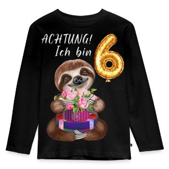 Achtung Ich bin Sechs Lustiges Faultier Geburtstag - Kinder Premium Bio Langarmshirt - Schwarz - Vorne - AI Model Kid Male (0cm)