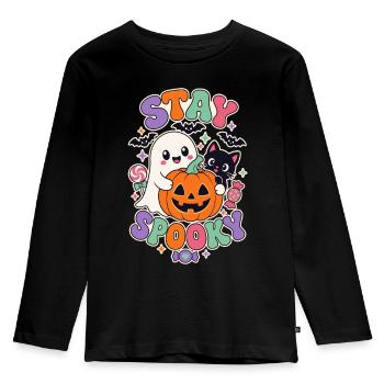 Bleib gruselig, süß Retro Halloween Geisterkatze Kürbis - Kinder Premium Bio Langarmshirt - Schwarz - Vorne - AI Model Kid Male (0cm)