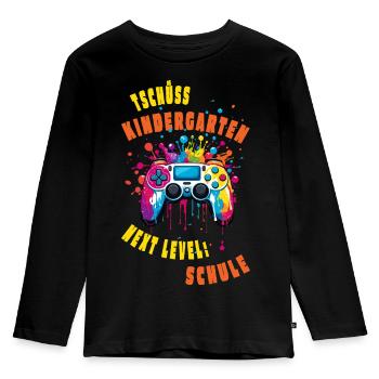 Tschüss Kindergarten -> Next Level: Schule - Kinder Premium Bio Langarmshirt - Schwarz - Vorne - AI Model Kid Male (0cm)