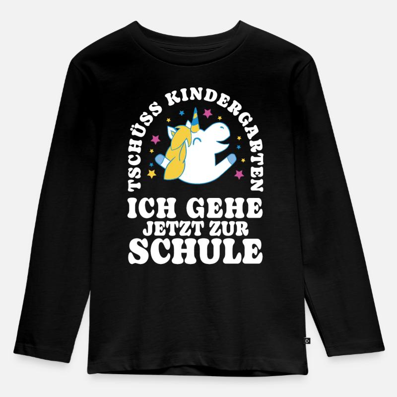 Einschulung Einhorn Tschüss Kindergarten - Kinder Premium Bio Langarmshirt - Schwarz