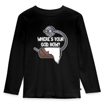 Wo ist dein Gott? - Kinder Premium Bio Langarmshirt - Schwarz - Vorne - AI Model Kid Male (0cm)