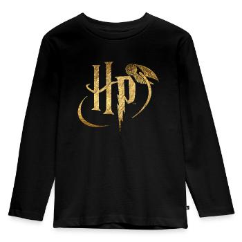 Harry Potter Logo Gold - Kinder Premium Bio Langarmshirt - Schwarz - Vorne - AI Model Kid Male (0cm)