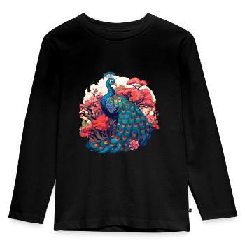 Bunter Pfau für Ornithologe Tierliebhaber - Kinder Premium Bio Langarmshirt - Schwarz - Vorne - AI Model Kid Male (0cm)