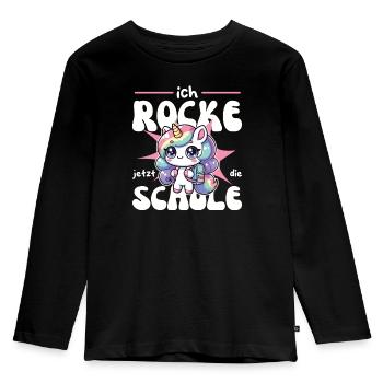 Einschulung Einhorn ich rocke jetzt die Schule - Kinder Premium Bio Langarmshirt - Schwarz - Vorne - AI Model Kid Male (0cm)